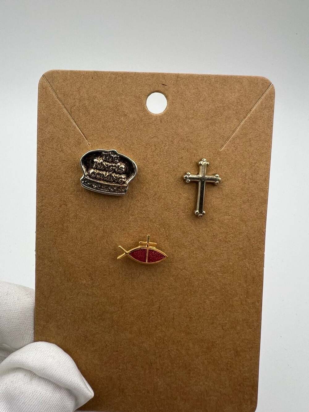Set of 3 Vintage Religious Lapel Pins: The King Is Coming Crown, Cross, and Icht